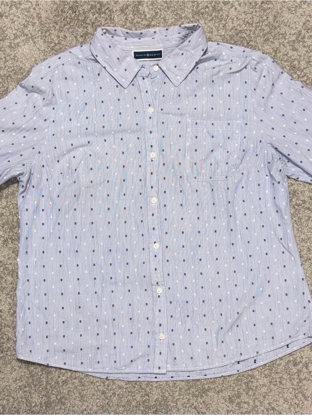 Karen Scott Light Blue Button-Down Shirt with Navy Dot Pattern